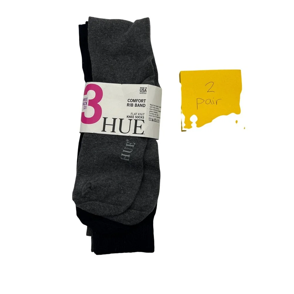 Hue Knee Socks Women OS Black Gray Flat Knit Comfort Rib Band 2 Pairs U21135